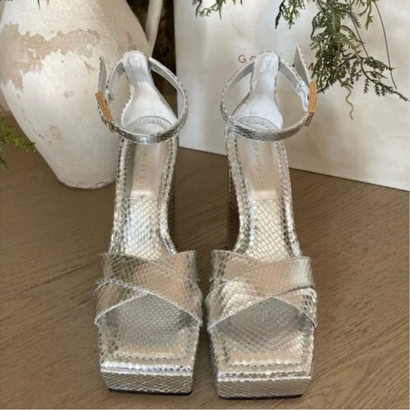 Good American Size: 9 Platform Block Heel Sandals Silver Snake - Picture 7 of 8